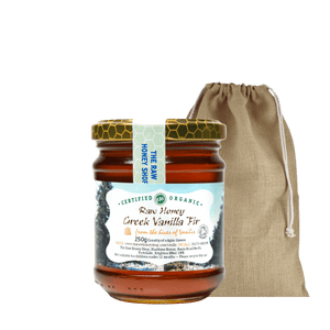 250g Jar of Raw Organic Greek Vanilla Fir honey with jute gift bag