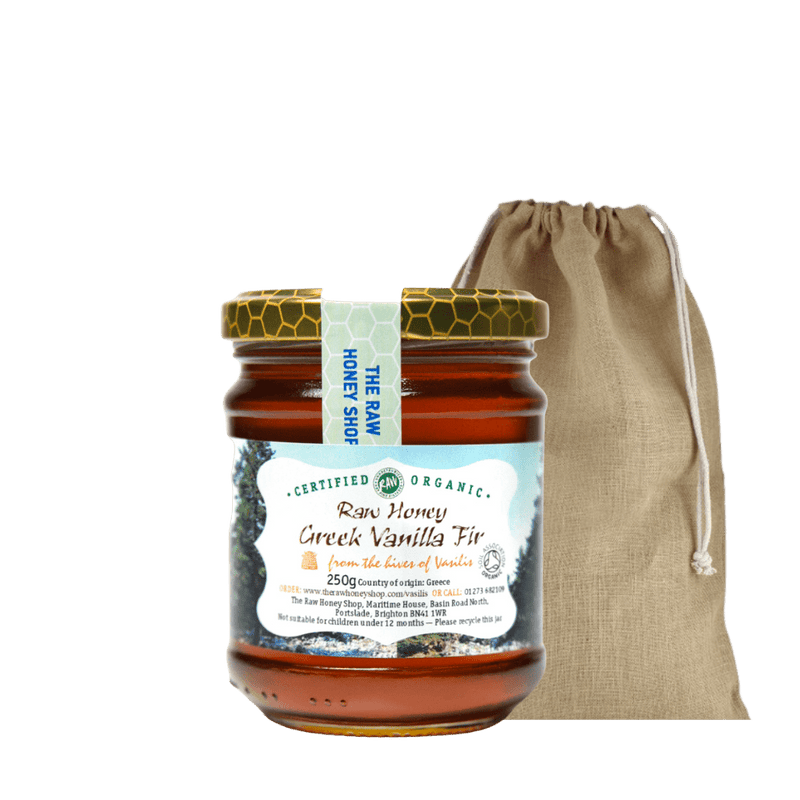 250g Jar of Raw Organic Greek Vanilla Fir honey with jute gift bag