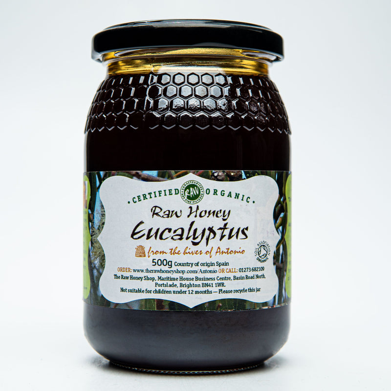 glass jar containing 500g of dark raw organic eucalyptus honey.