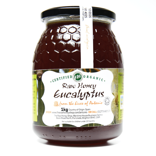 Glass jar containing 1kg of raw organic eucalyptus honey