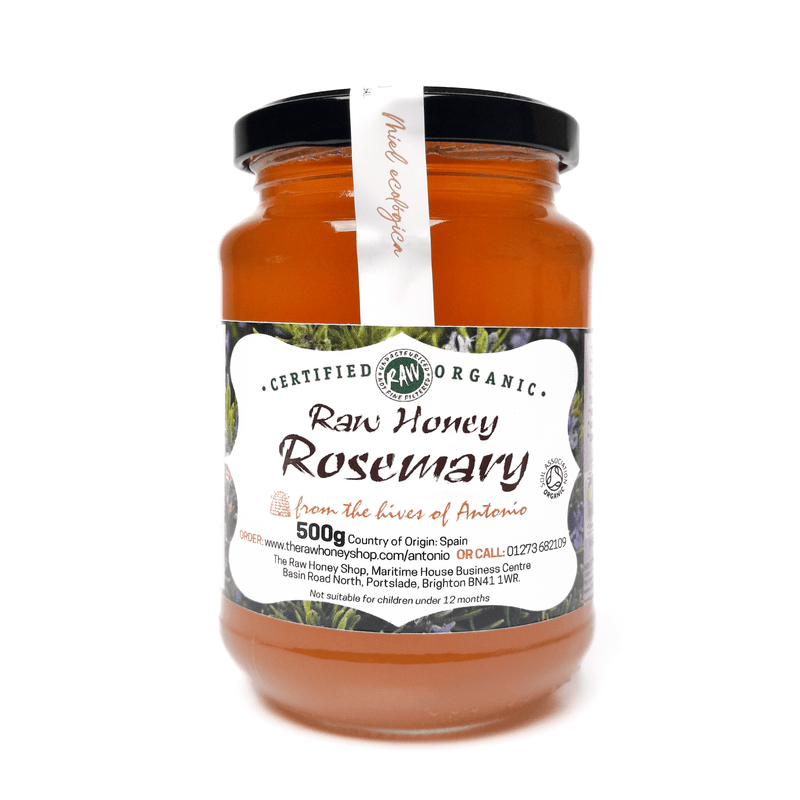 Glass jar containing 500g of raw organic Rosemary honey