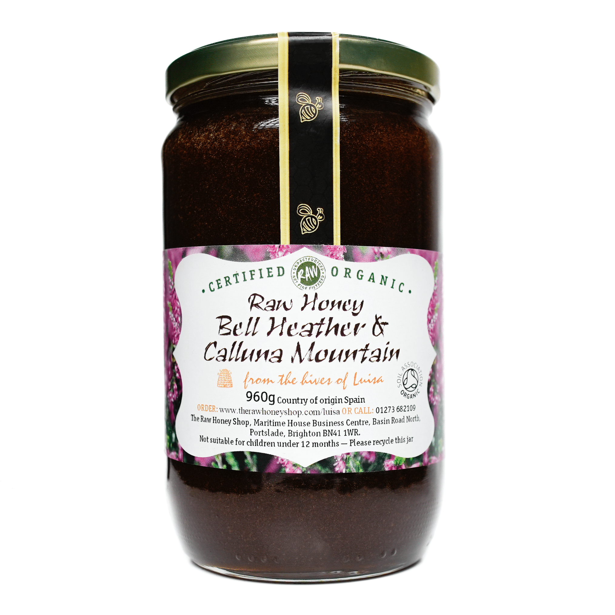 Large labelled glass jar containing 960g of dark raw organic bell heather and calluna mountain honey.