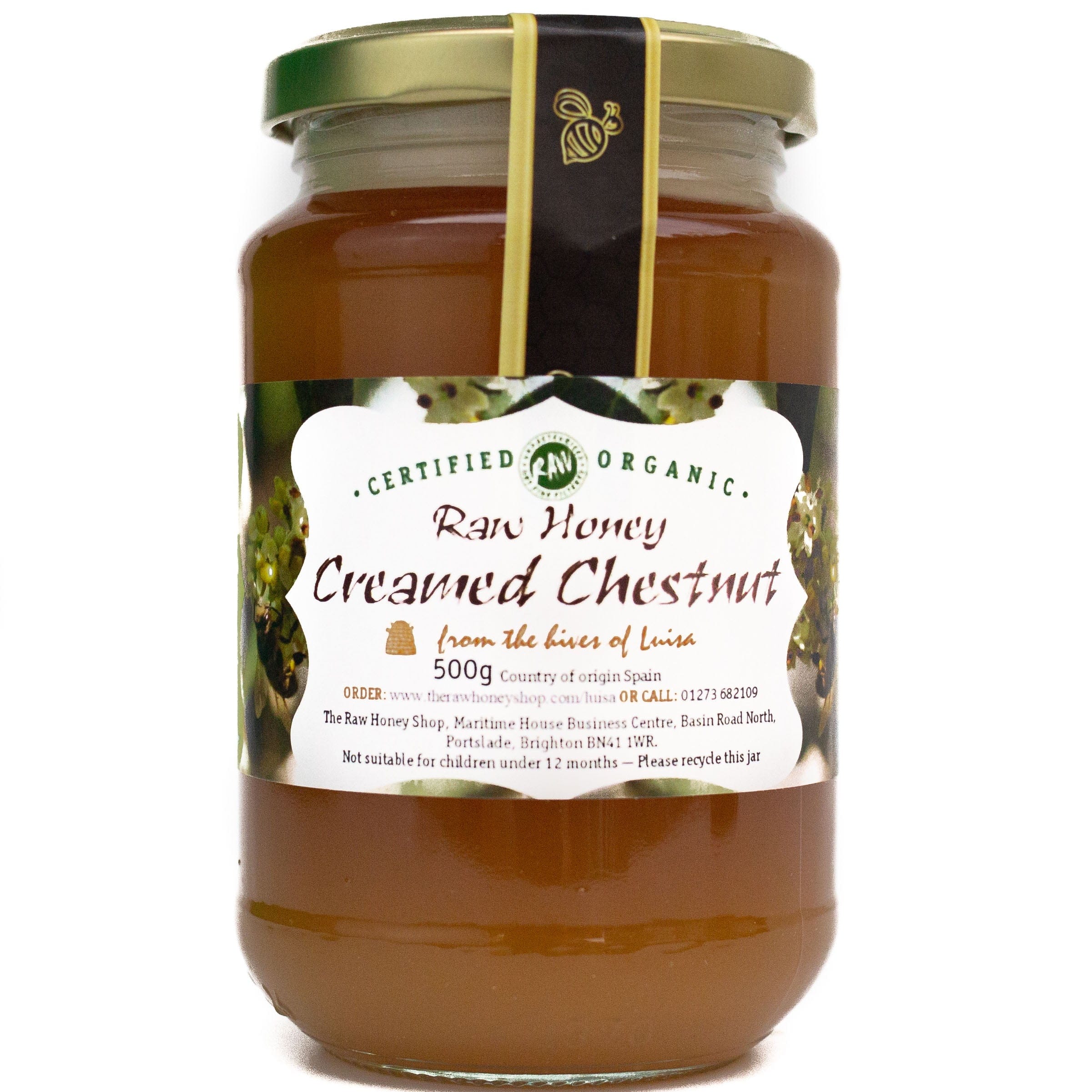 Labelled jar of organic raw creamed chestnut honey.