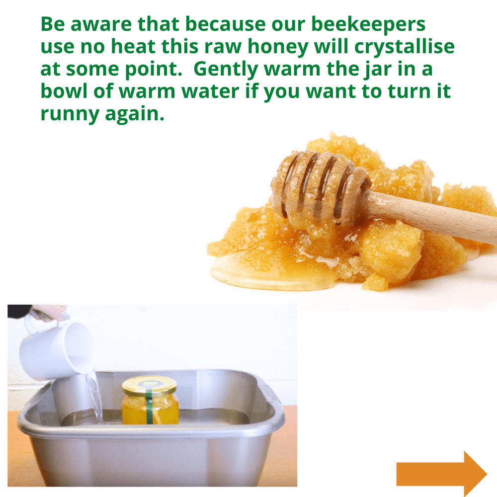 crystalised honey on wooden honey dipper above honey jar in a bowl of water with water being poured into bowl from a jug