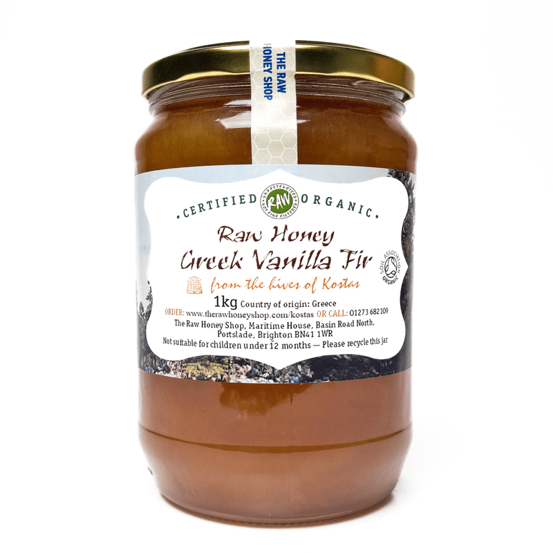 Glass jar containing 1kg of raw organic vanilla fir honey