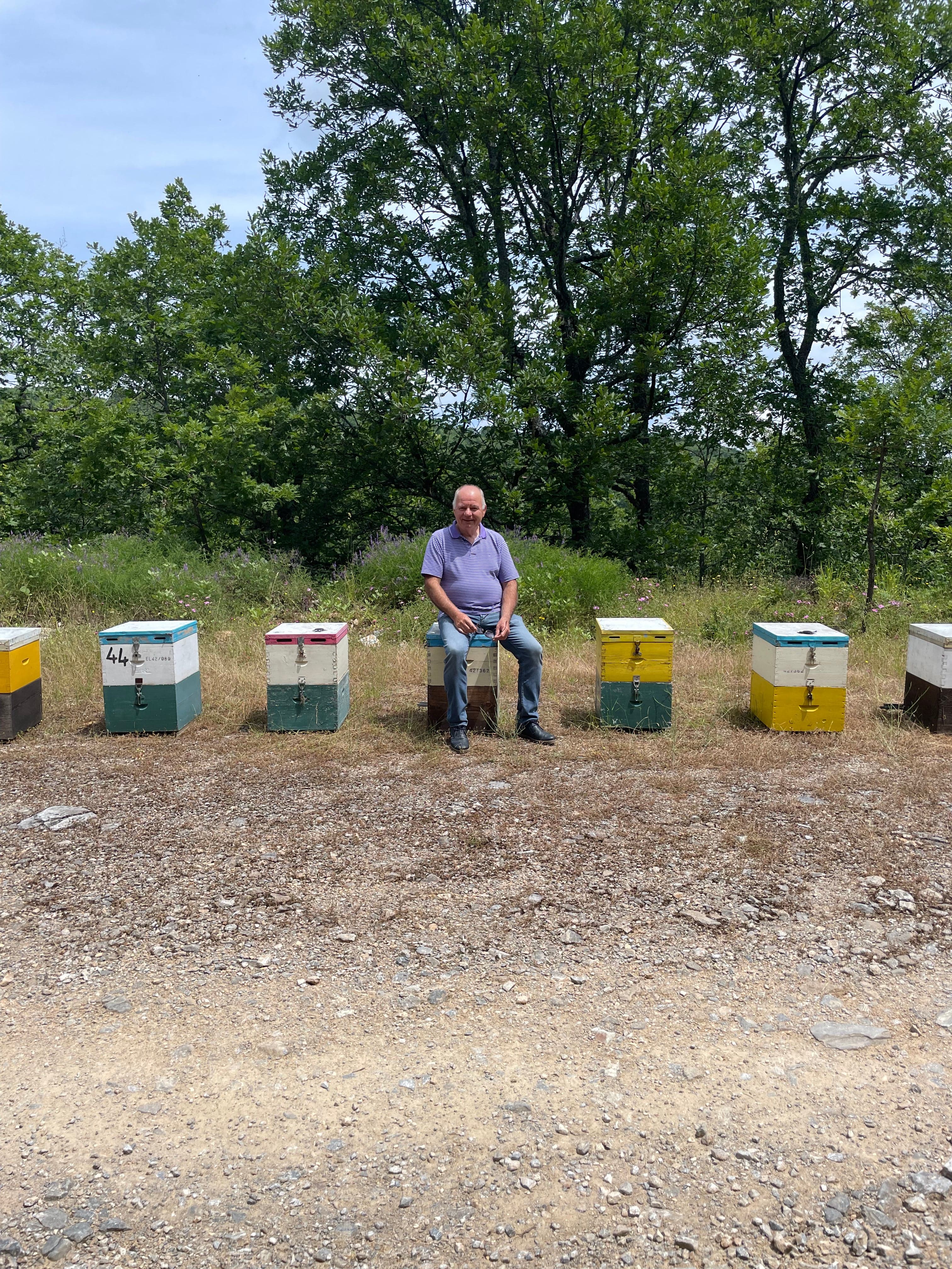 Beekeeper Kostas sitting on beehive next to other colourful beehives.