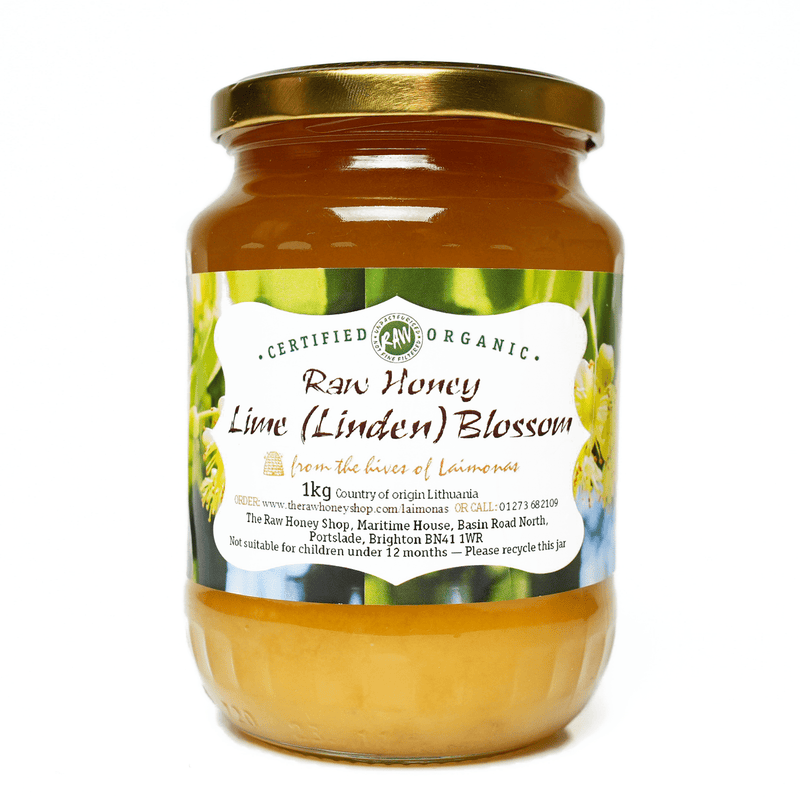 Glass jar containing 1kg of raw organic Lime blossom honey