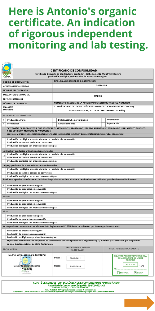 Organic certificate for beekeeper Antonio's raw multifloral honey