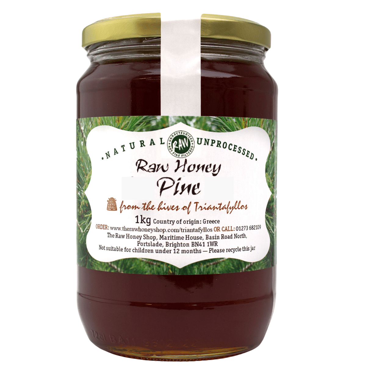 Large labelled glass jar containing 1kg of dark raw pine honey.