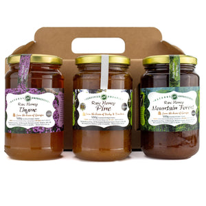 Caja de regalo de selección de miel cruda ganadora del premio artesanal griego - Tomillo, pino y bosque - 500 g