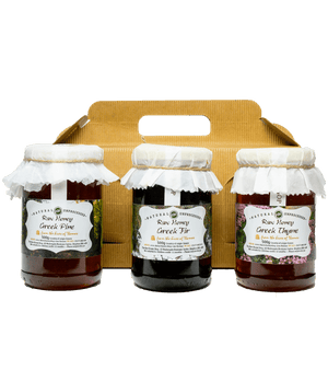 Caja de regalo de selección de miel cruda artesanal griega - Pino, tomillo y abeto - 490 g